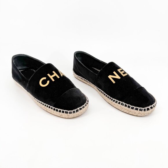 Chanel Logo Espadrilles EU 37 US 6-6.5 Black Velvet Rope Sole Slip On Flat Shoe - Picture 1 of 14
